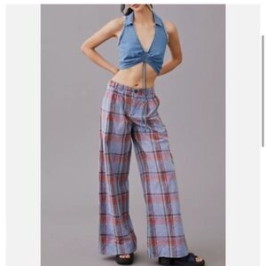 By Anthropologie - Plaid Wide Leg Pants Blue Burgundy